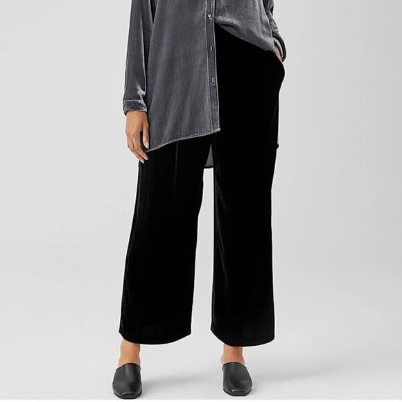 Eileen Fisher Velvet Silk Blend‎ Wide Leg Cropped Ankle Pant Black Small